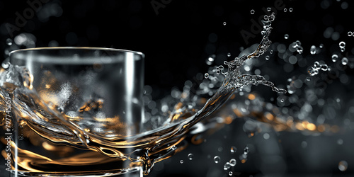 Whiskey im Glas spritzt mit Lichter Bokeh im Hintergrund als Poster, ai generativ