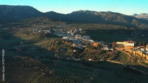 Ronda Puente Nuevo Aerial Drone View City Walls from El Andaluz, Islamic Architecture, Historic Town in Andalusia, Spain