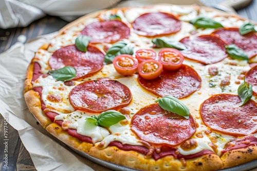 Freshly Baked Pepperoni Pizza with Tomato and Basil Topping - Rustic and Tasty Meal Presentation