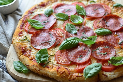 Pepperoni Pizza with Tomato and Basil Topping on Rustic Board - Freshly Baked Traditional Dinner
