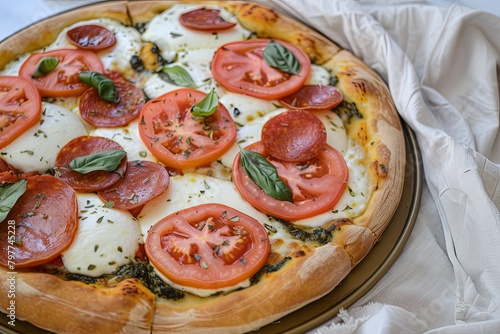 Pepperoni Pizza with Fresh Tomato and Basil: Rustic, Tasty, Mozzarella Cheese Freshness