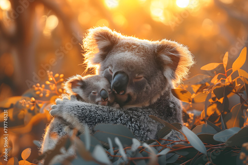 Koala mum hugs baby, sunset, wildlife, close-up shot photo