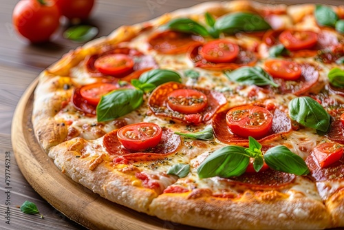 Pepperoni Pizza: Freshly Baked with Tomato and Basil Topping for a Cheesy, Hot, and Delicious Rustic Experience