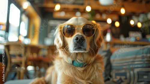 Dog in Sunglasses at a Cozy Cafe 