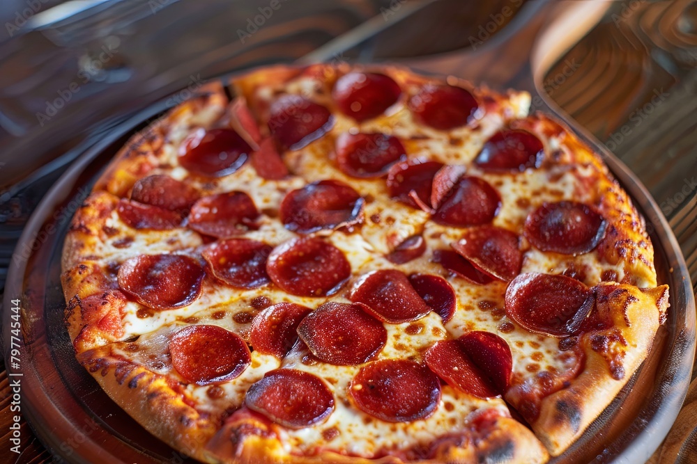 Freshly Baked Pepperoni Pizza: Sizzling Delight on Rustic Pan