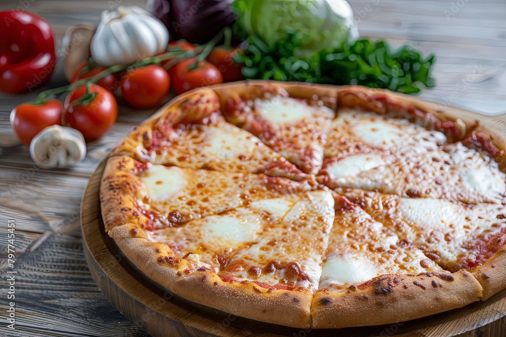Stretchy Mozzarella Cheese Pizza: Freshly Baked Italian Delight on Rustic Board