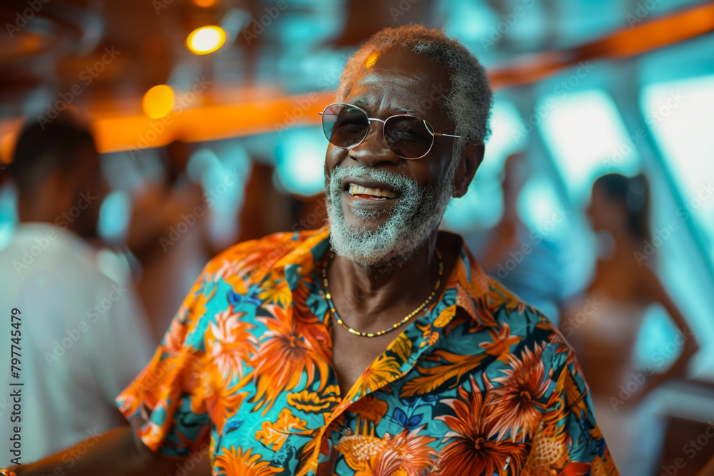 african american elderly man dancing at a beach party, wearing sunglasses and a shirt, enjoying the music and celebration african american elderly man dancing at a beach party, wearing sunglasses and a shirt, enjoying the music and celebration