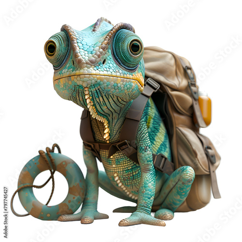 A delightful 3D cartoon visualization of a happy chameleon guiding bewildered trekkers through the forest. photo