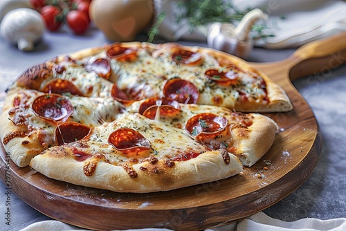 Freshly Baked Pepperoni Pizza: Hot & Rustic Delight on Wooden Board