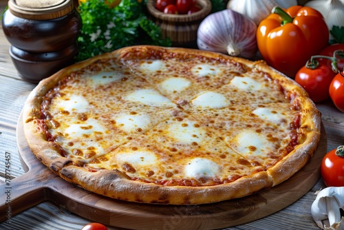 Stretchy Mozzarella Cheese Pizza on Rustic Board: Freshly Baked Italian Delight