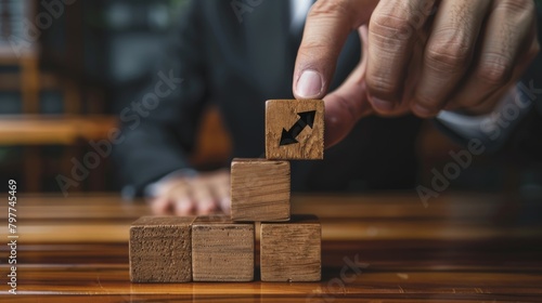 Wooden cubes in the shape of a ladder with a hand on isolated white background close-up. directional arrow sign. accelerate