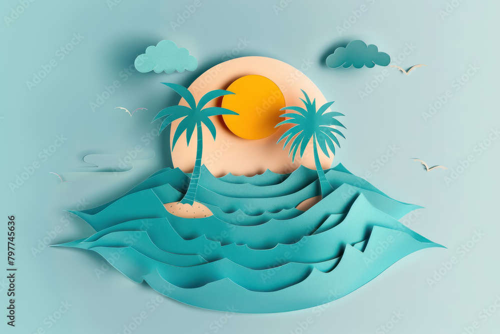 Naklejka premium paper art tropical island with palm trees and ocean waves at sunset