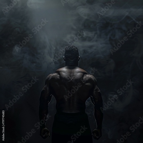 A man stands shirtless in a dark room, surrounded by smoke and mist