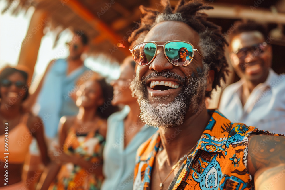 African American elderly man dancing at a beach party, shirt fluttering in the breeze, tropical rhythm.