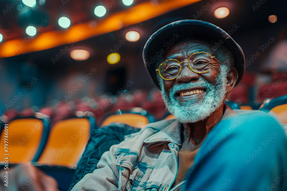Old man at the cinema, african american aged spectator watching a movie, joy, relaxation