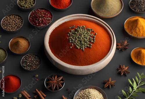 Exquisite Culinary Spices and Herbs Assortment on Dark Background - Top View of Cooking Ingredients