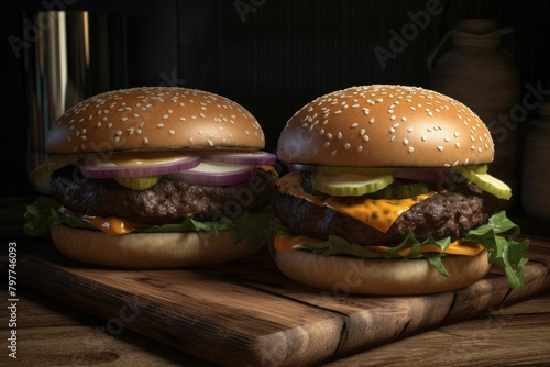 AI generated illustration of two large hamburgers arranged on a wooden cutting board