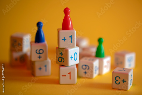 Mathematical dice game with positive and negative integers for counting, finance and measurements and colored chips.