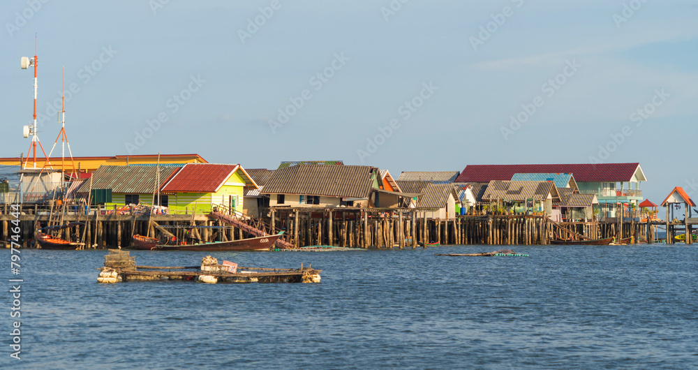 Koh Panyee, The Floating village urban city town houses, lake sea or river. Nature landscape fisheries and fishing tools at Pak Pha, Phang Nga, Thailand. Aquaculture farming