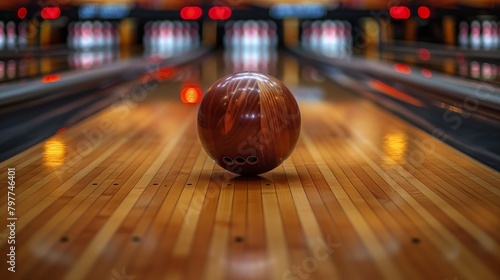 bowling lane on which a ball rolls to break the pins photo
