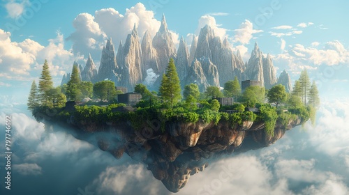 floating island design with natural mountainous terrain, sparse buildings photo