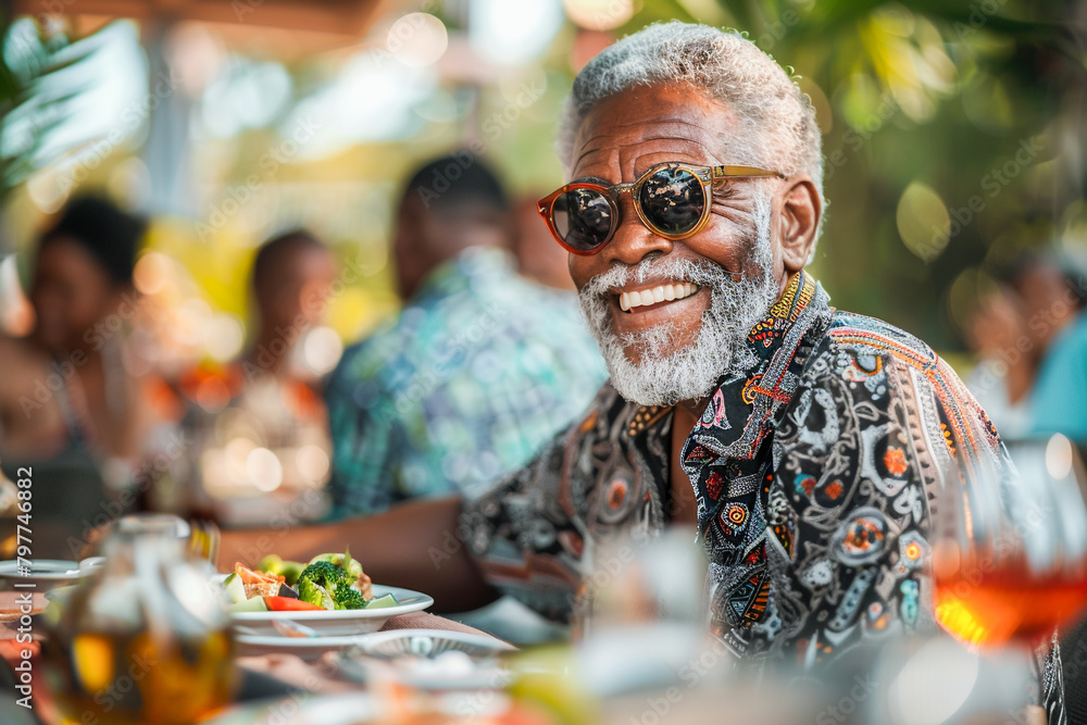 Old African American man in a restaurant at a family dinner, elderly man savoring food with loved ones, retired senior citizen enjoying retirement, dining out with family, happiness and laughter. Old African American man in a restaurant at a family dinner, elderly man savoring food with loved ones, retired senior citizen enjoying retirement, dining out with family, happiness and laughter.