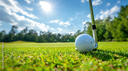 golf ball on tee with club on sunny day close up in lush green course