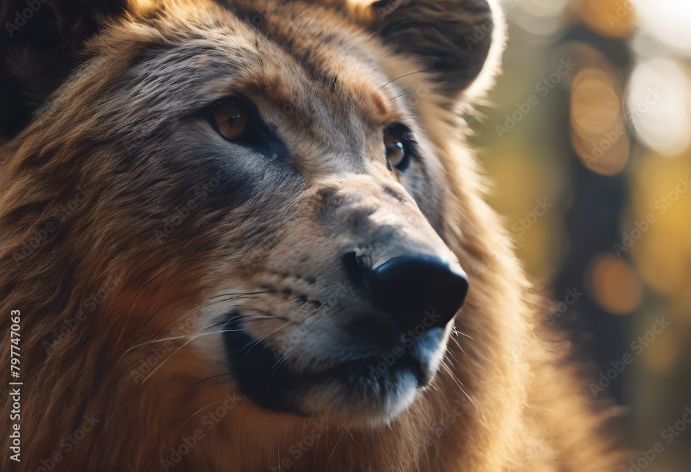 Fototapeta premium Majestic Lion Portrait with Golden Light - King of the Jungle in Contemplation