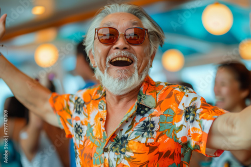 asian elderly man dancing at a beach party, embracing the freedom of age, carefree happiness