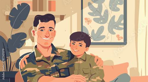 Happy military man with his son at home Vector illustration