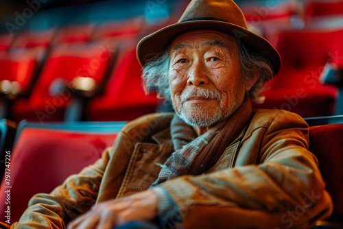 Old man at the cinema, senior enjoying a film, entertainment, leisure