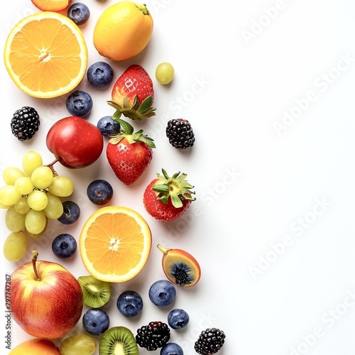 a variety of fruits and berries on a white background