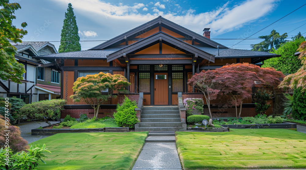 Fototapeta premium two houses that look exactly like each other, 1930s, japanese house, front yard very clean