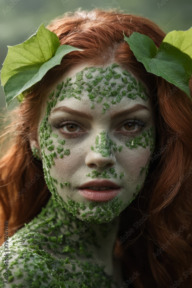 portrait of a woman with green eyes and feathers