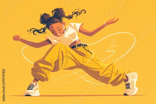 A young black woman is dancing and laughing in a flat illustration with a simple design