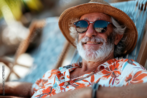 Old man on a sun lounger on the beach, with a hat on, enjoying the sea view, ease.