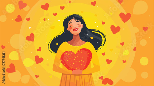 Happy young woman with paper heart on yellow background