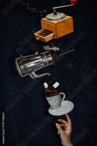 still life and levitation photo for coffee lovers