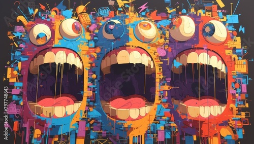 abstract graffiti art of cartoon faces with wide open mouths and eyes  on a black background