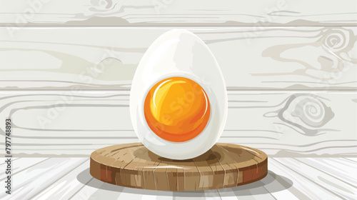 Holder with boiled chicken egg on white wooden background