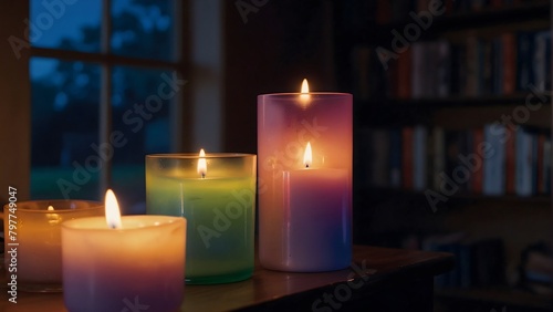 Romantic Atmosphere-Romantic Lighting With Candle  cinematic lighting   neon light  colorful candles  purple  blue  yellow