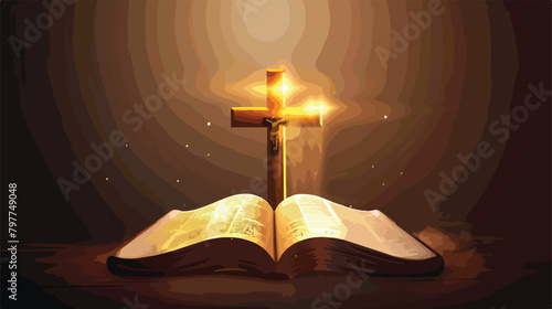 Holy Bible and cross on dark background closeup Vector 