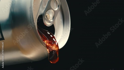Red wine or soda liquid pouring out of silver can in super slow motion, black background of canned drink at 4k 800fps photo