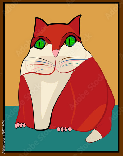 A stylized red and white cat with striking green eyes sits against a yellow and brown backdrop. Its cartoonish appearance is characterized by bold outlines and flat colors, giving it a modern24-92.eps