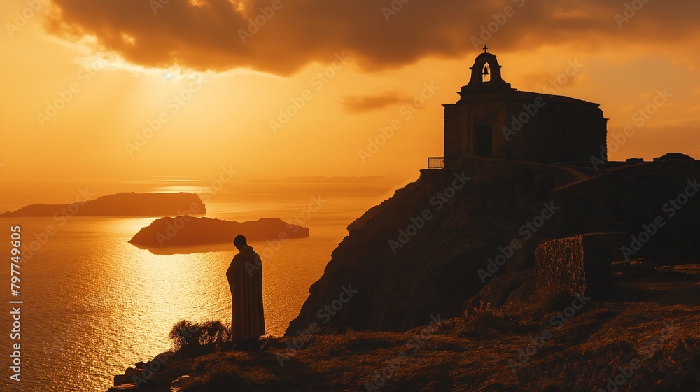 AI generated illustration of a monk on a cliff near the ocean with a church in the background