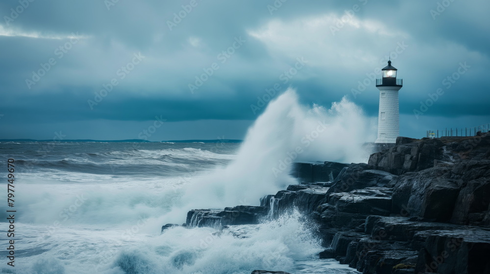 A lone lighthouse standing sentinel against crashing waves on a rocky coastline