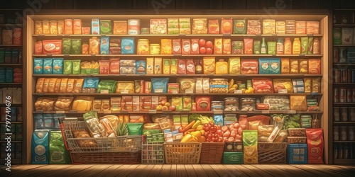 A shopping cart full of various products stands in the supermarket, creating an advertising background with realistic and detailed visuals. 