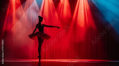 AI generated illustration of a ballet dancer performing with vibrant red and blue lighting