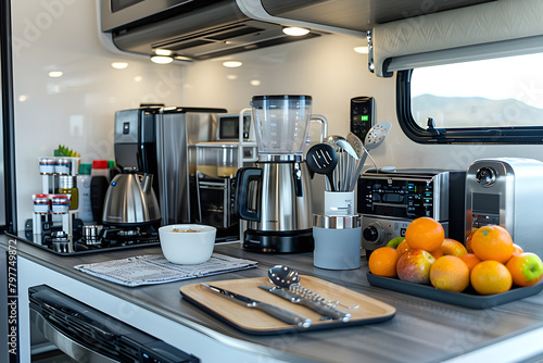 Essential Compact and Space-Saving Accessories for a Modern RV Kitchen Setting photo