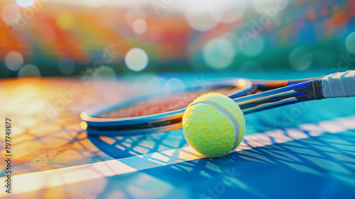 Tennis yellow ball, racket on the court. Sports colorful banner. Healthy lifestyle concept.